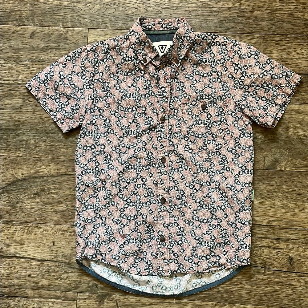 Vissla kids floral print poplin button down boys size small blue and red